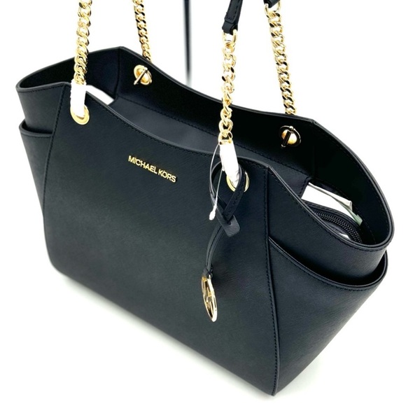 Michael Kors Jet Set Travel Large Chain Shoulder Tote Bag Black/Gold - Picture 8 of 12